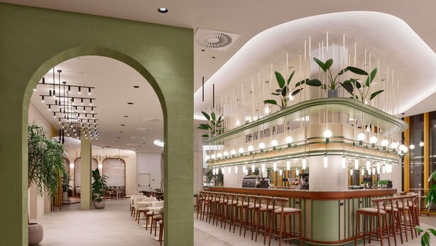 A modern bar area with a curved counter, multiple seating options, and hanging light fixtures. - Novotel Zagreb - opened September 2025 (Zagreb)