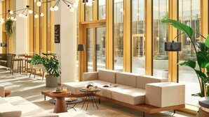 A modern lounge area with a sofa, coffee table, and chairs, large windows, and indoor plants. - Novotel Zagreb - opened September 2025 (Zagreb)