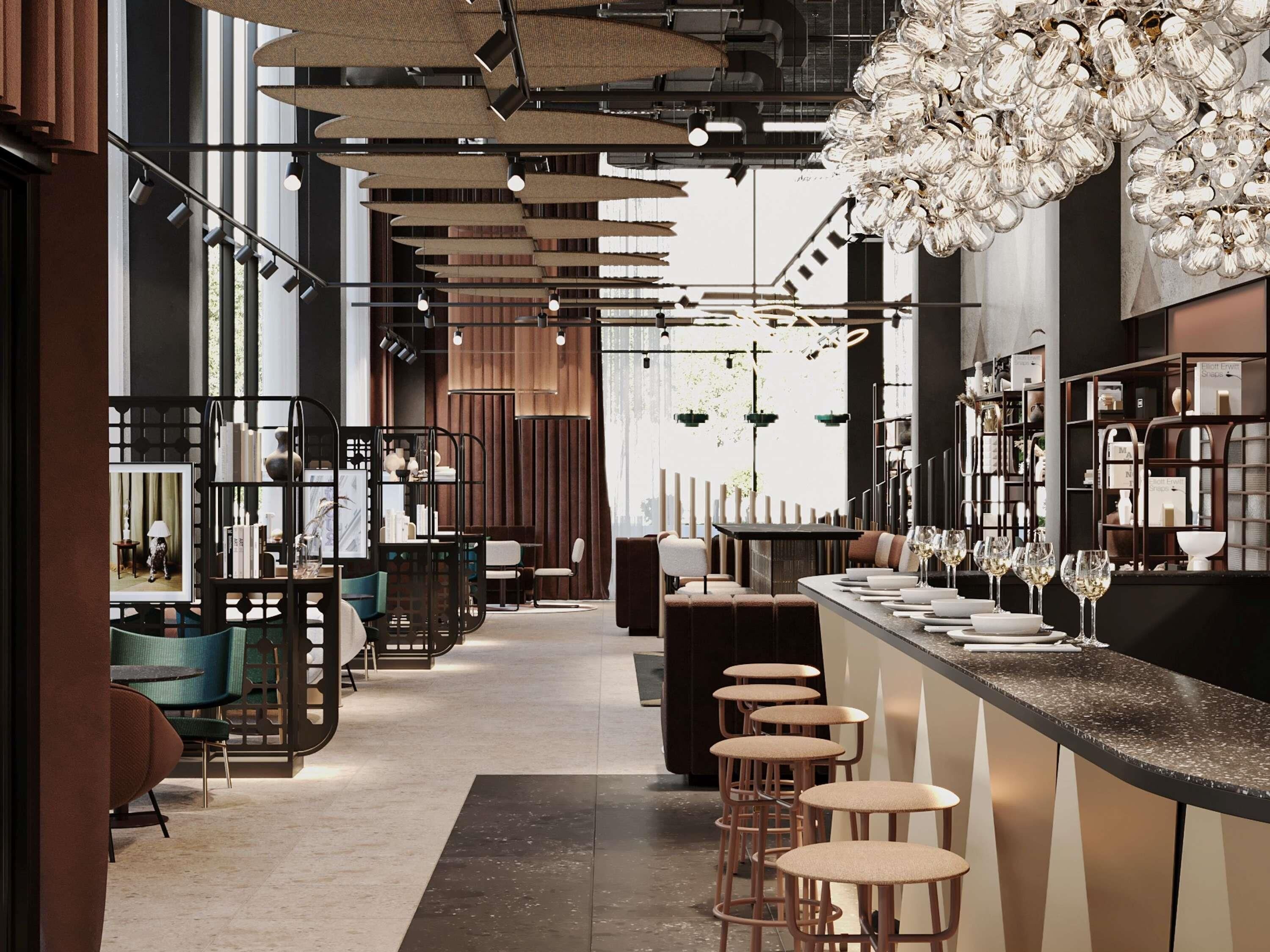 Un intérieur moderne avec un espace bar, des sièges et un éclairage décoratif.