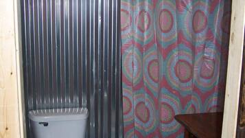 Shower, hair dryer, shampoo