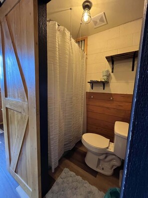 Et badeværelse med en trædør, bruseforhæng, toilet, hylder med toiletartikler og en lysarmatur.