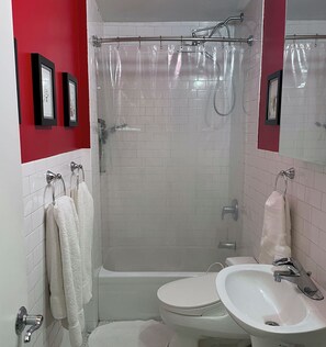 Hair dryer, towels, soap, shampoo