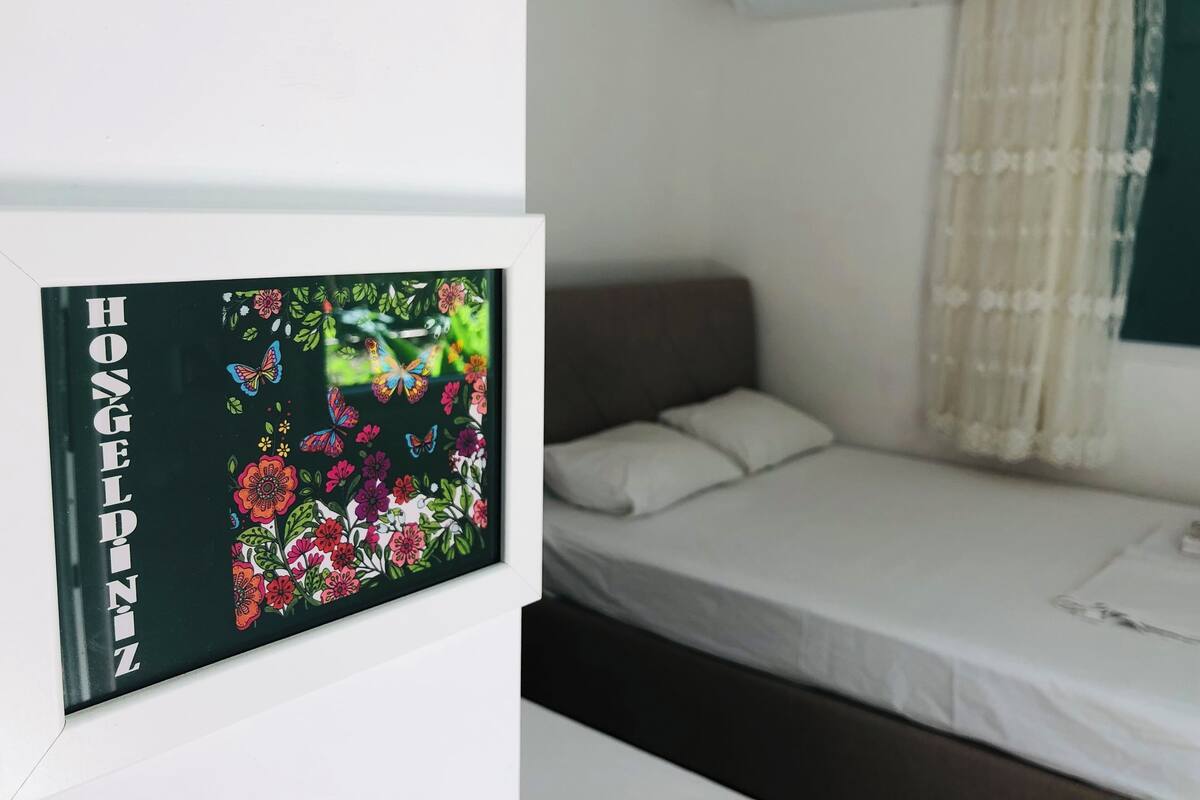 Una habitació amb un llit, una finestra amb cortina i un quadre al mur.