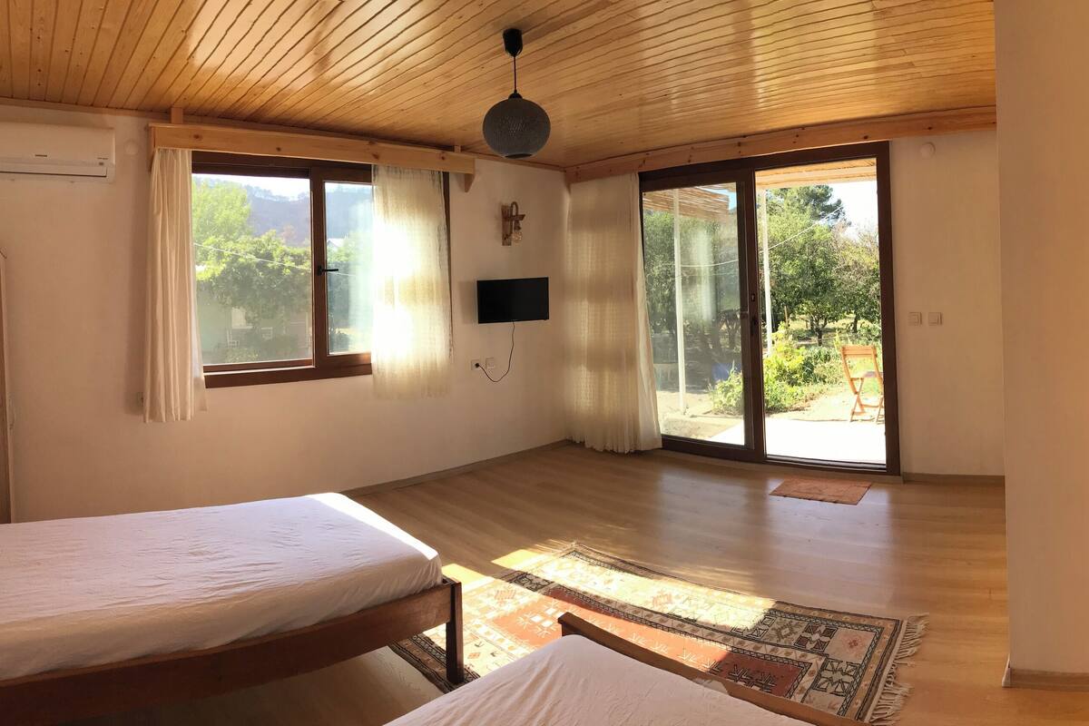Habitació amb un llit, una televisió i un gran finestral corredís que dona a una zona exterior.