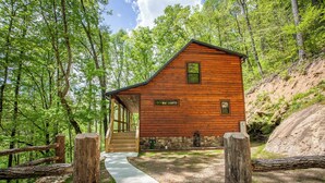 A wooden cabin with a porch, surrounded by trees and a gravel path. - Brand New! Hickory Wind: Charming 2 Bedroom Cabin in Whittier (Whittier)
