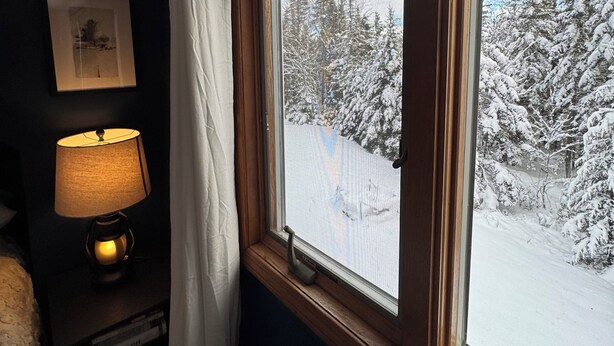 A room with a window overlooking a snowy forest.