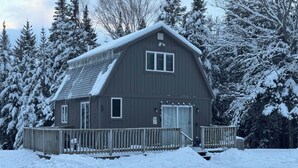 A large, two-story cabin with a wooden deck and a snow-covered roof, surrounded by snow-laden trees.