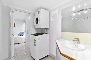 Shower, hair dryer, shampoo