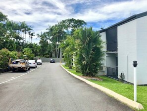 Una strada che conduce a un edificio con facciata bianca, automobili parcheggiate e palme.