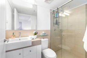 Shower, hair dryer, shampoo