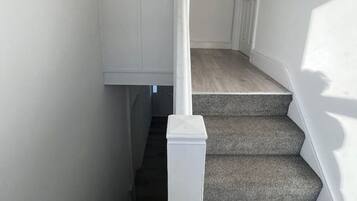A staircase with carpeted steps and white handrails, leading to a door with a white frame.
