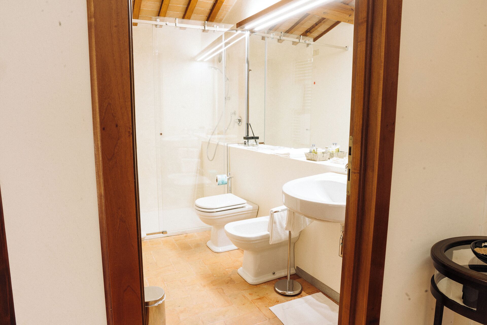 Ein Badezimmer mit Dusche, zwei Toiletten, einem Waschbecken und einer Duschkabine.