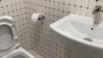 Hair dryer, towels, soap, toilet paper