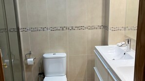 A bathroom with a toilet, a sink, and a shower area. - APARTMENT IN MUROS DE NALÓN ASTURIAS (Muros de Nalón)