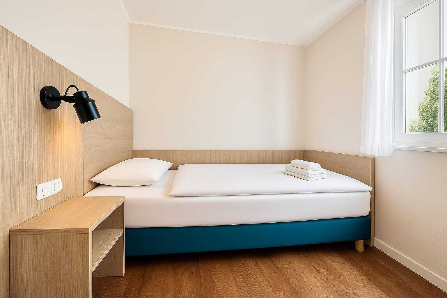A small, neatly arranged bedroom with a bed, a bedside table, a wall-mounted lamp, and a window with a view of greenery.