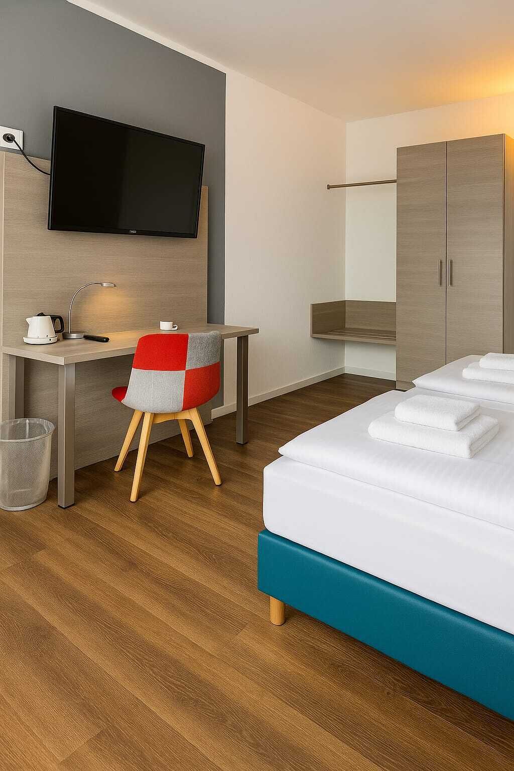 A hotel room with a bed, a desk, a chair, a television, and a wardrobe.