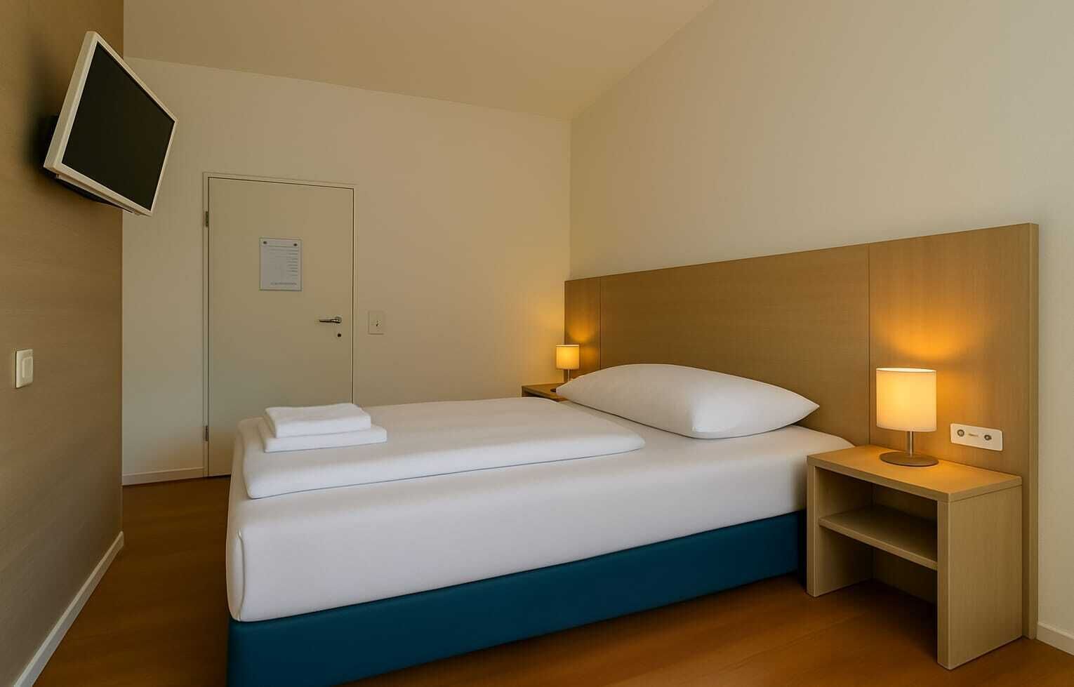 Une chambre d’hôtel avec un lit, une table de chevet avec une lampe, un téléviseur fixé au mur et une porte.