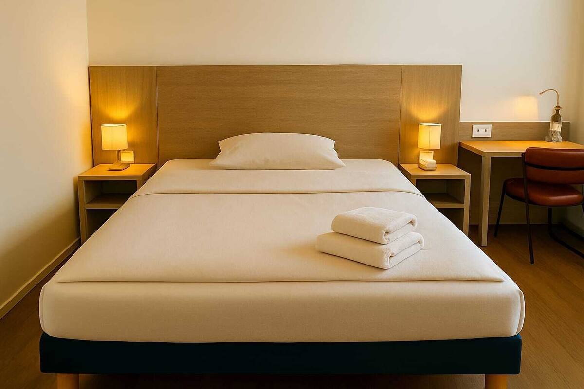 Une chambre d’hôtel avec un grand lit, deux tables de chevet avec des lampes, un bureau et une chaise.