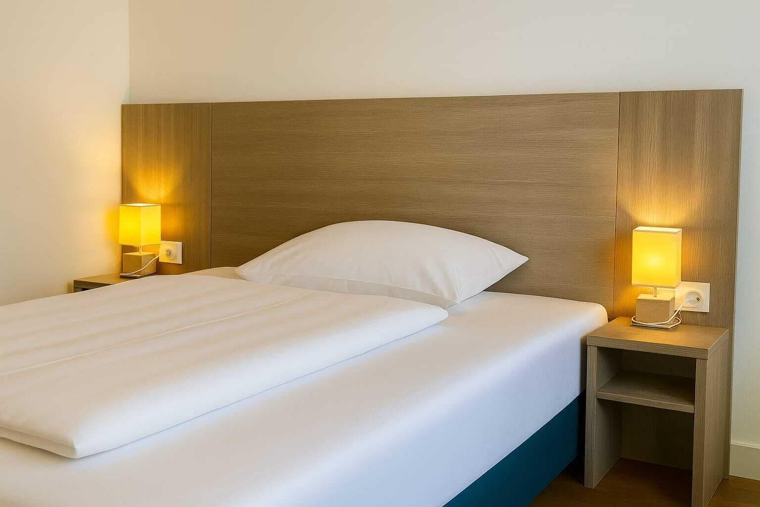 A neatly made bed with white linens, two bedside lamps, and a wooden headboard.