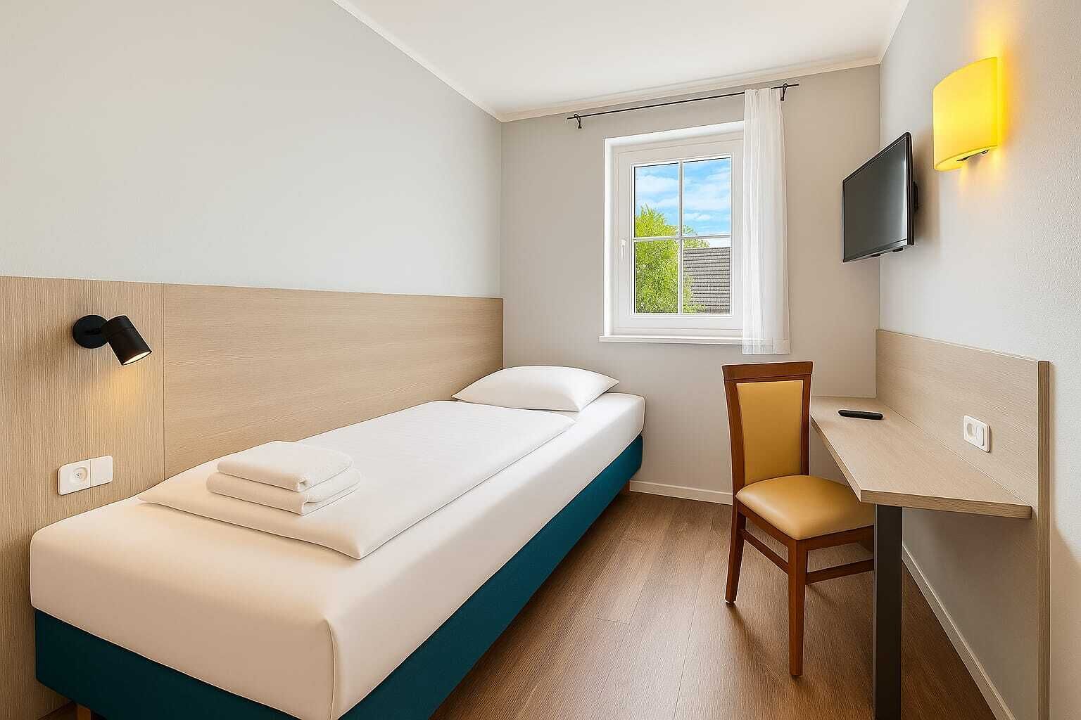 A single bed with a headboard, a desk with a chair, a TV mounted on the wall, and a window with curtains.