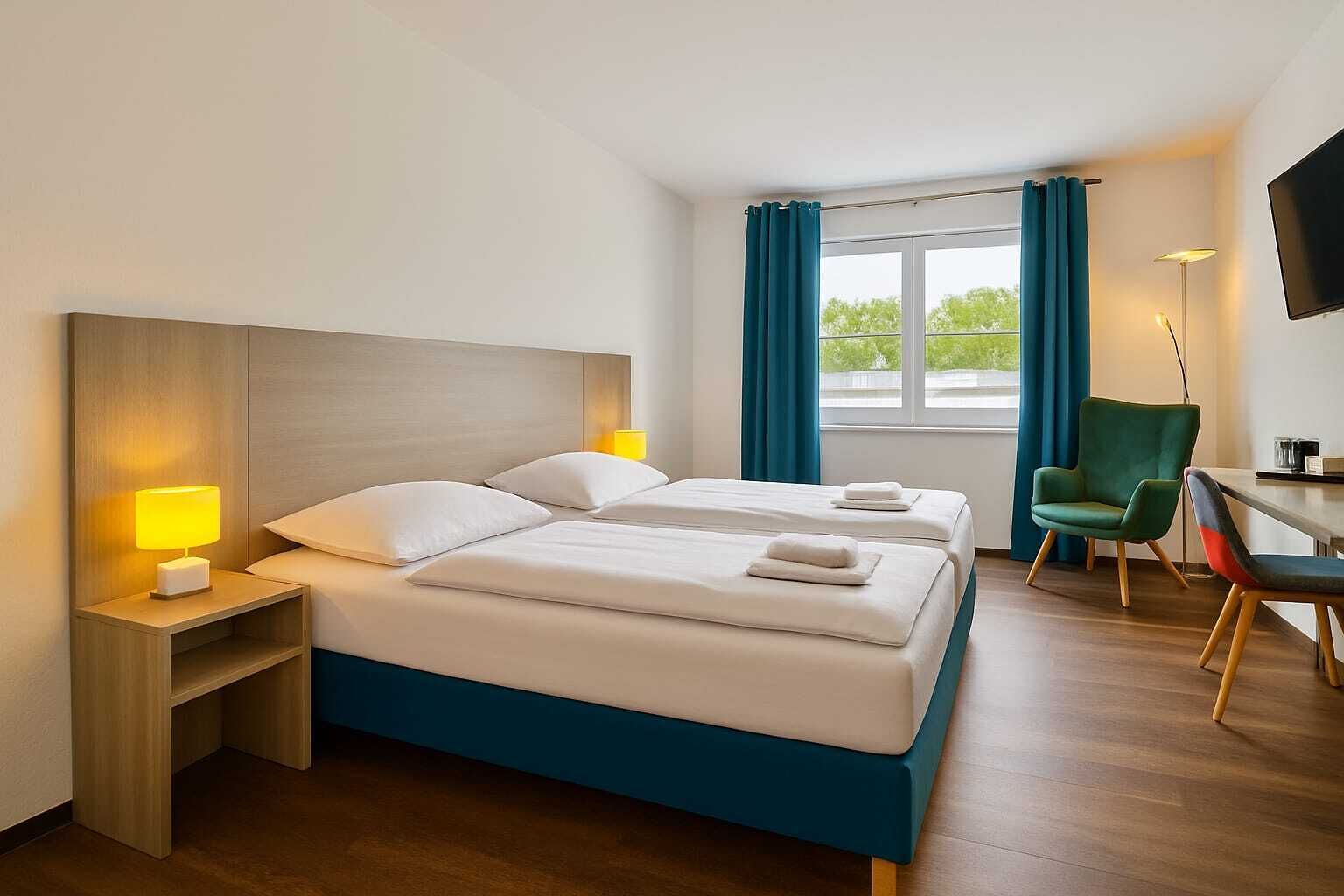 Habitación de hotel con dos camas, un escritorio, una silla y un televisor.