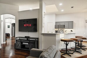 Smart TV, fireplace, DVD player, video library