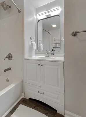 Hair dryer, towels, soap, shampoo