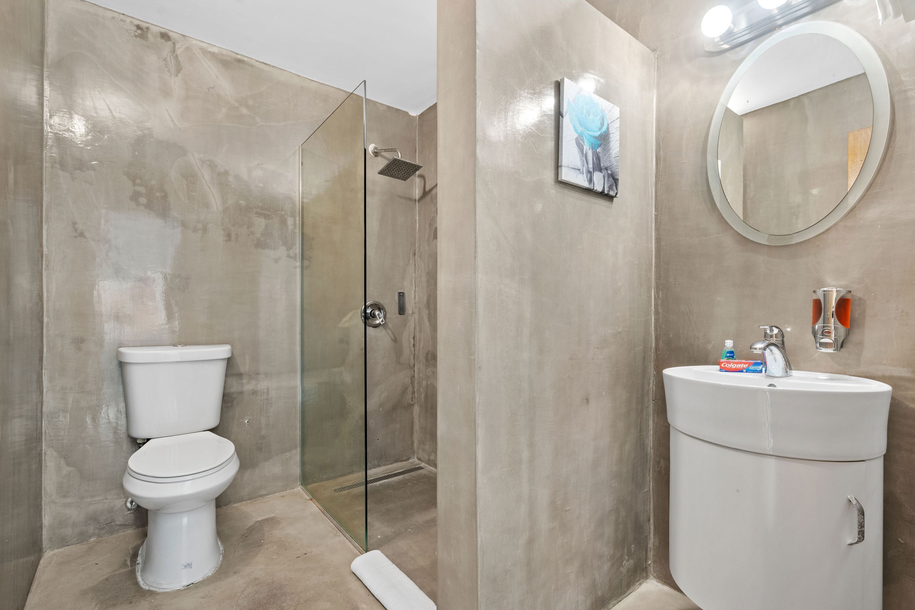 Een badkamer met toilet, een douche met glazen wanden, een wastafel met spiegel en een lijst met een afbeelding aan de muur.