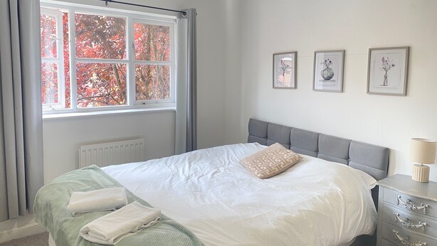 A neatly made bed with a grey headboard, a bedside table with a lamp, and a window with curtains.