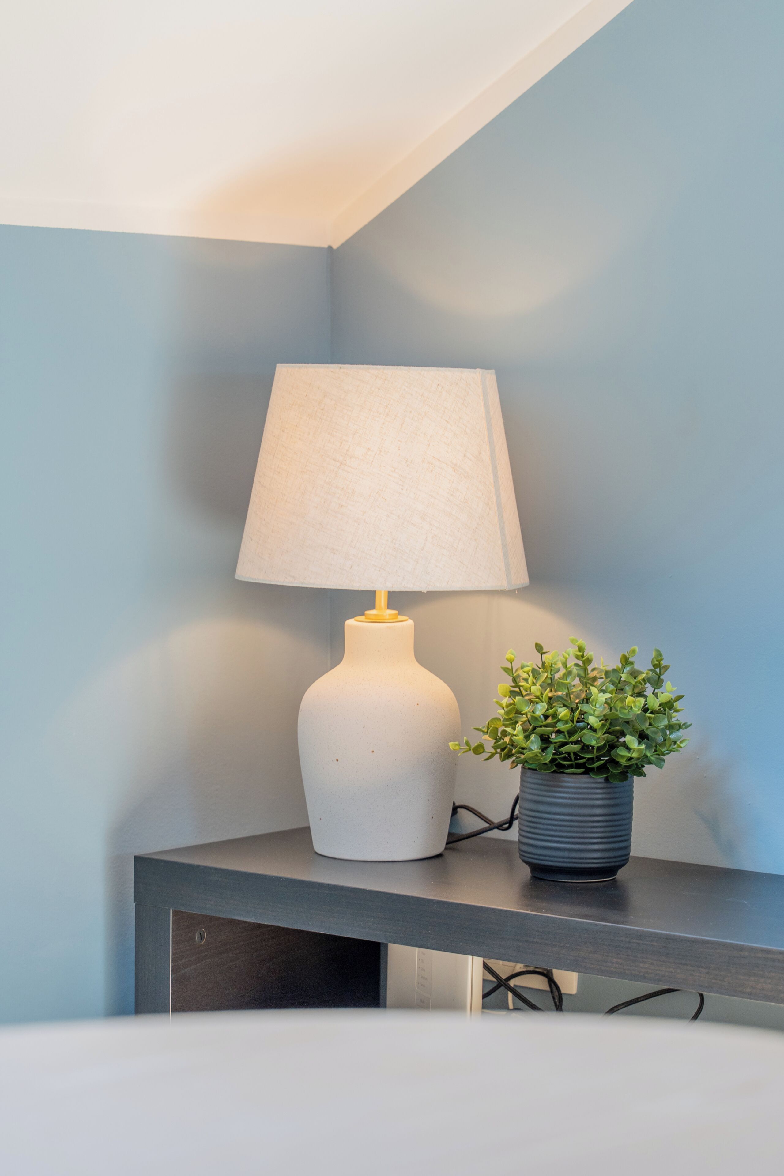 A bedside table with a lamp and a potted plant.