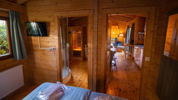 Une cabane en bois avec un lit, un téléviseur fixé au mur et une petite kitchenette.