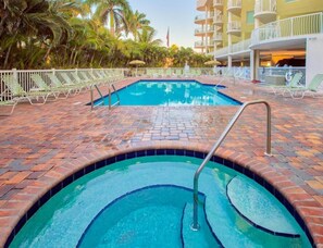 Outdoor pool, pool umbrellas, sun loungers
