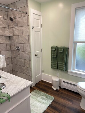 Shower, eco-friendly toiletries, hair dryer, towels