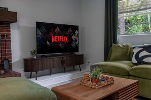 TV connectée, cheminée, livres