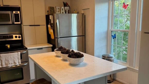 A modern kitchen with a central island, stainless steel appliances, and a window with butterfly decals. - The Cozy Crab- Your Charming Haven in Lovely North Beach! (North Beach)
