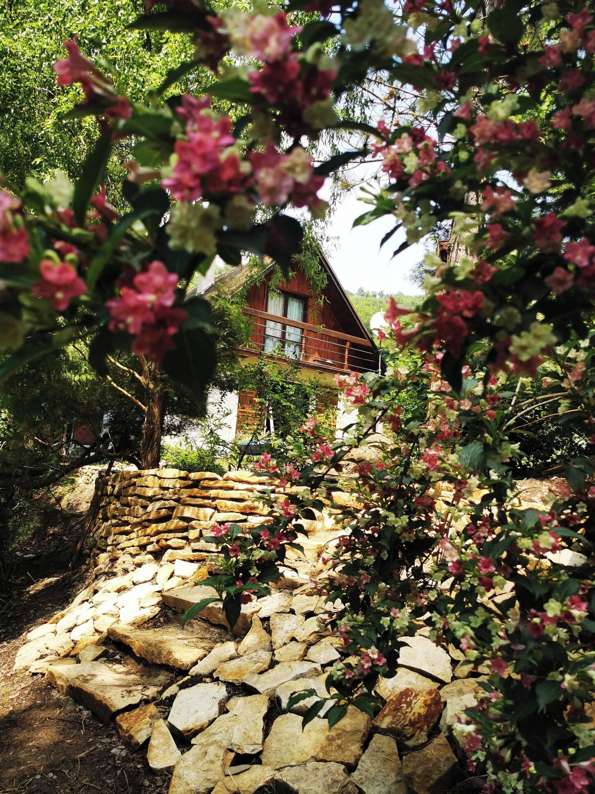 A rustic stone staircase leading to a wooden house surrounded by lush greenery and pink flowers.