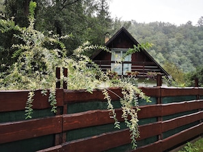 A wooden cabin with a triangular roof, surrounded by lush greenery and a wooden fence. - Fairy Tale Cottage on Water Stream, 30 Minutes From South Prague (Petrov)