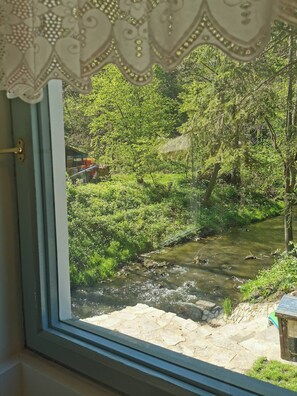 Vista por la ventana de un paisaje verde exuberante, con un arroyo, escalones de piedra y una estructura de madera.