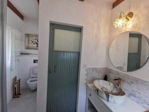 Une salle de bain avec une porte verte, des toilettes, un lavabo avec un receveur en marbre et un miroir fixé au mur.
