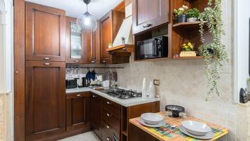 KĂŒhlschrank, Mikrowelle, Herdplatte, Wasserkocher mit Kaffee-/Teezubehör