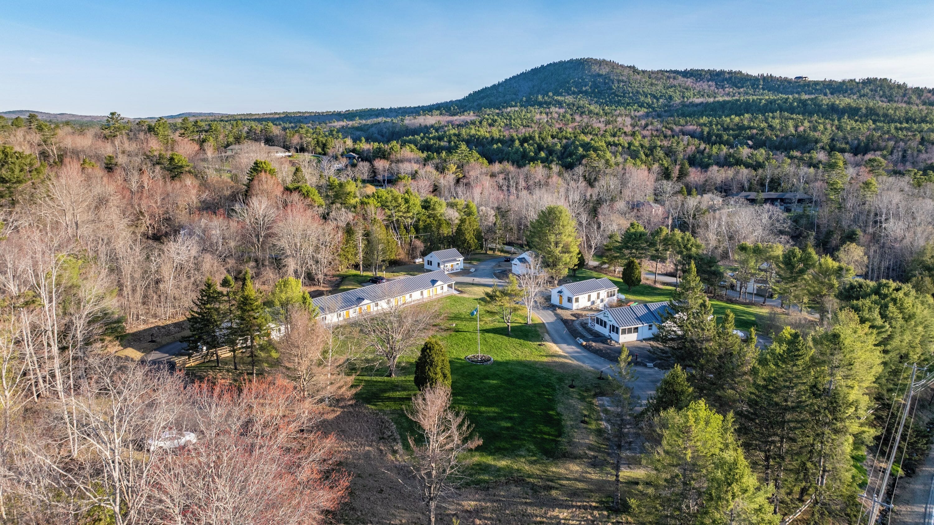 A residential area with multiple houses surrounded by dense forest and a hill in the background.