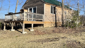Une cabane en bois avec un toit vert, une terrasse et une véranda grillagée.