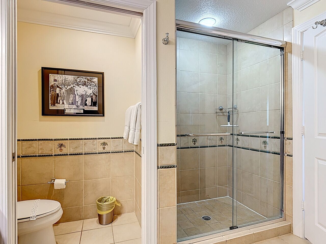 A bathroom with a toilet, a framed photograph on the wall, and a glass-enclosed shower area.