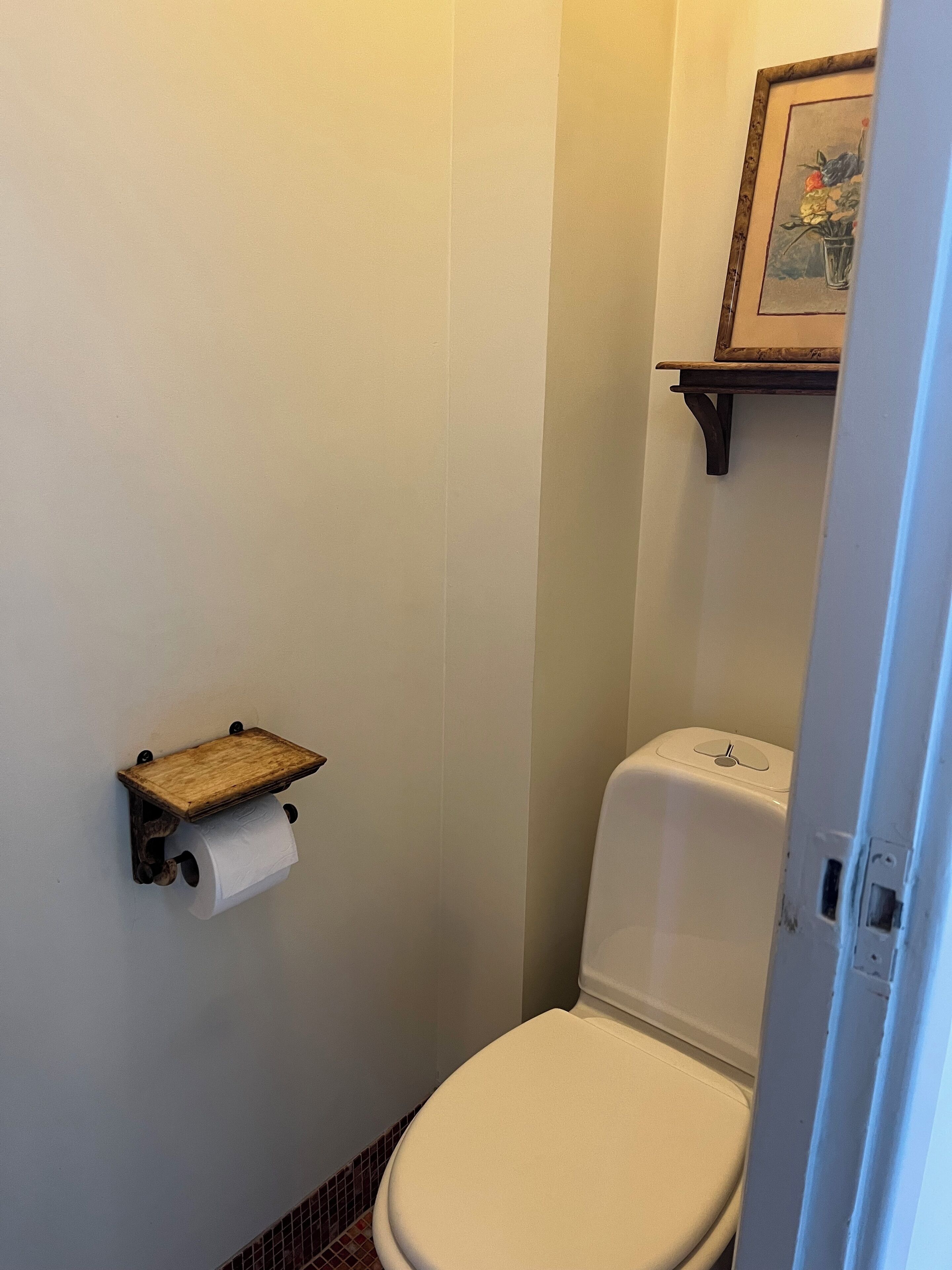 Un bany petit amb un vàter, una prestatgeria de fusta amb un roule de paper higiènic i un quadre amb marc a la paret.