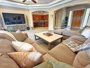 Smart TV, fireplace, video games, foosball