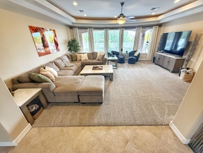 Smart TV, fireplace, video games, foosball