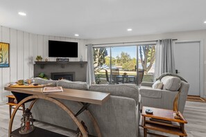 Smart TV, fireplace, books