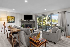 Smart TV, fireplace, books