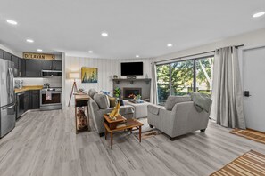 Smart TV, fireplace, books