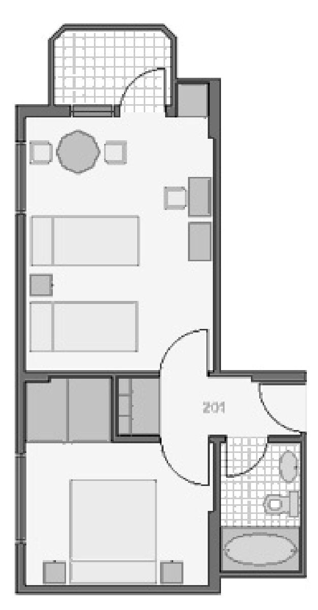 A floor plan of a hotel room with a bed, a desk, a chair, a small table, and a bathroom.